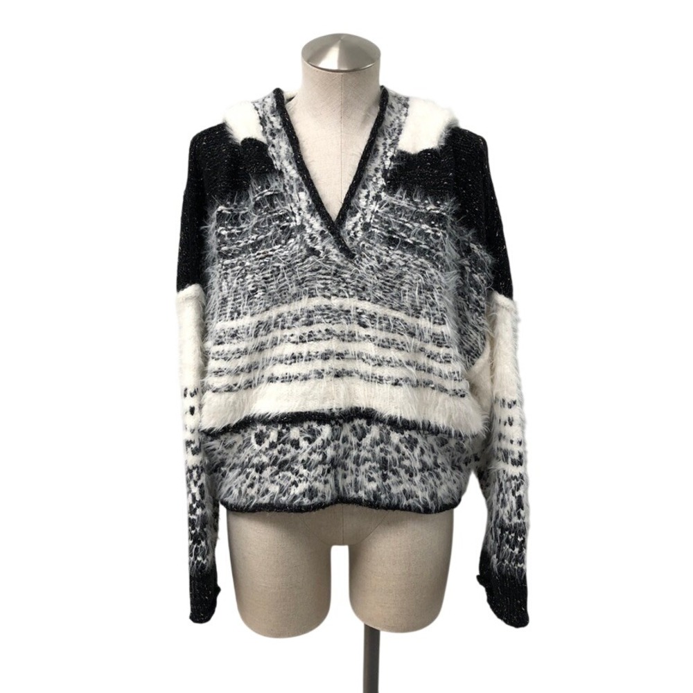 Pilcro Hoodie Sweater Womens Small Black White Fuzzy Metallic Knit Hooded Cozy